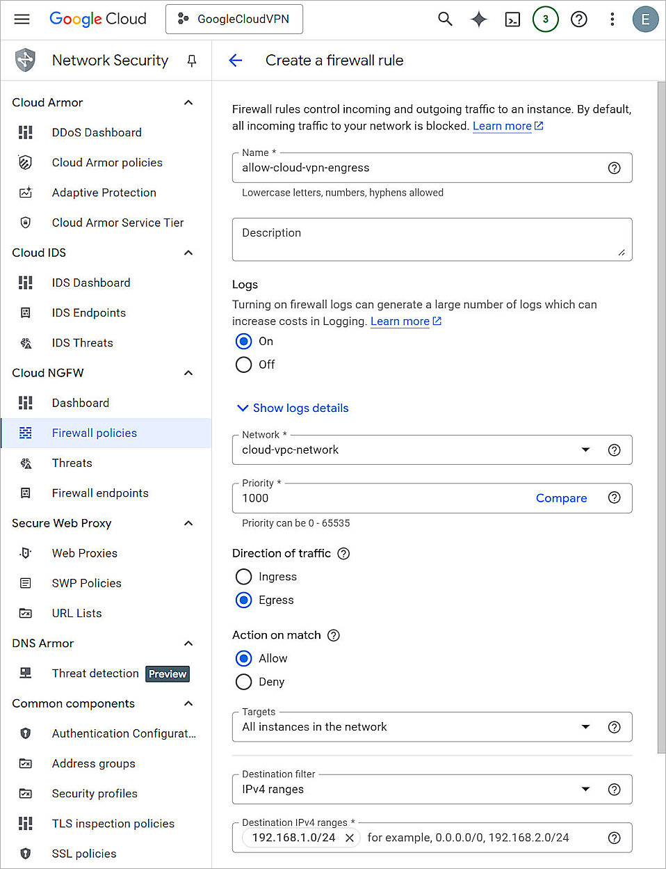 Screen shot of the firewall rules list in Google Cloud